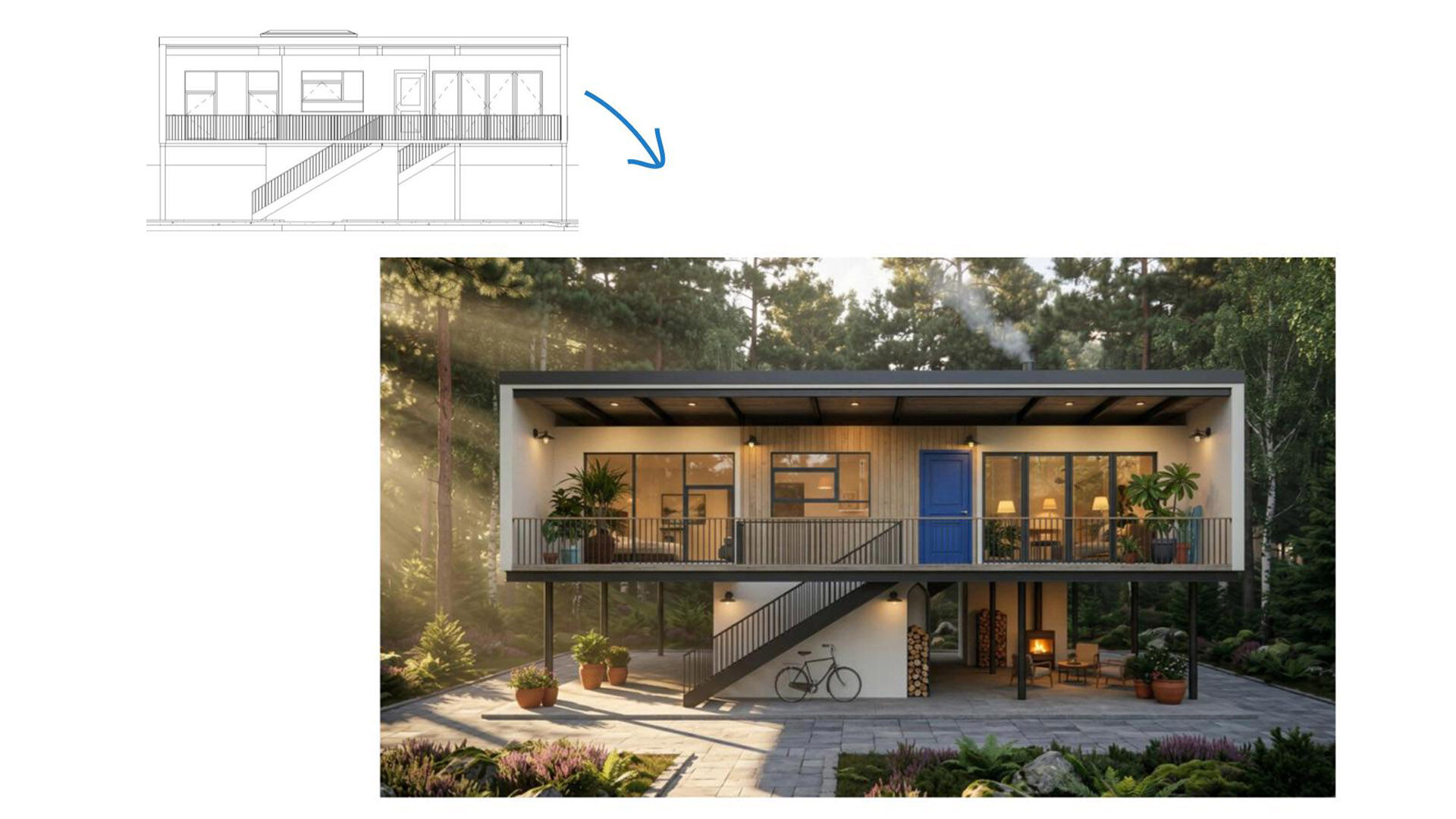2D-CAD-aanzicht en een met Veras AI gegenereerde fotorealistische rendering van een verhoogde woning in het bos.