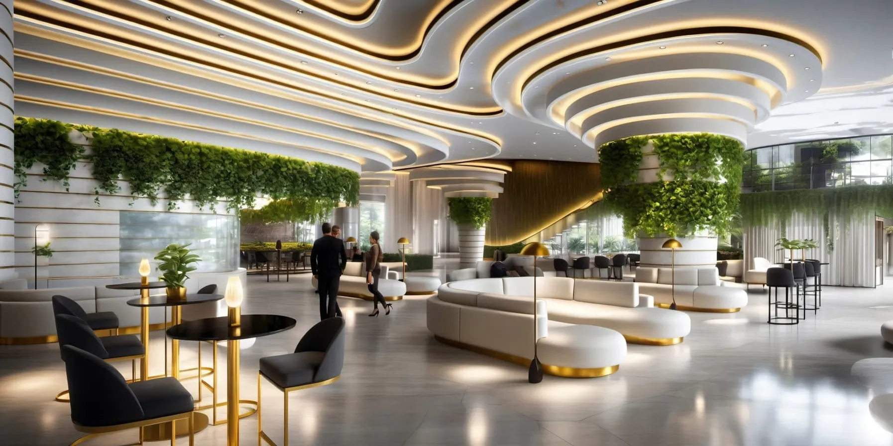 Veras-rendering van een lobby met een golvend verlicht plafond, begroeide kolommen, gebogen witte banken en gouden accenten.