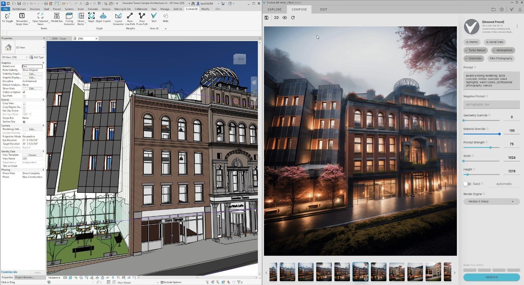 Revit 3D view of a brick street facade beside Veras AI rendering it as a moody evening scene with cherry blossoms.