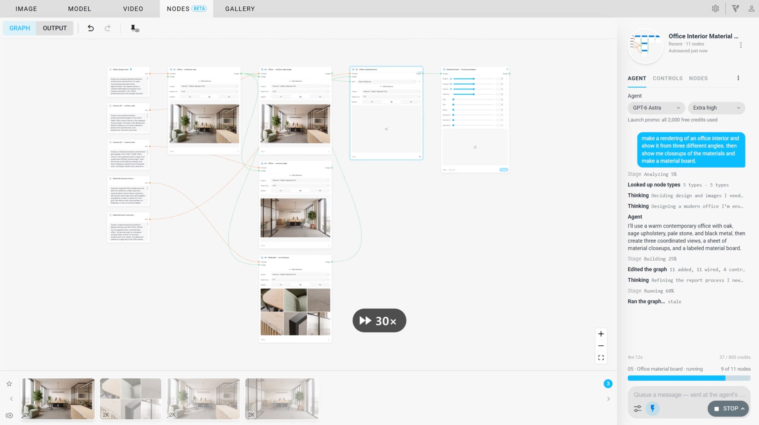 De NODES-agent in Veras bouwt een workflow met elf nodes voor drie aanzichten van een kantoorinterieur en een materialenbord.