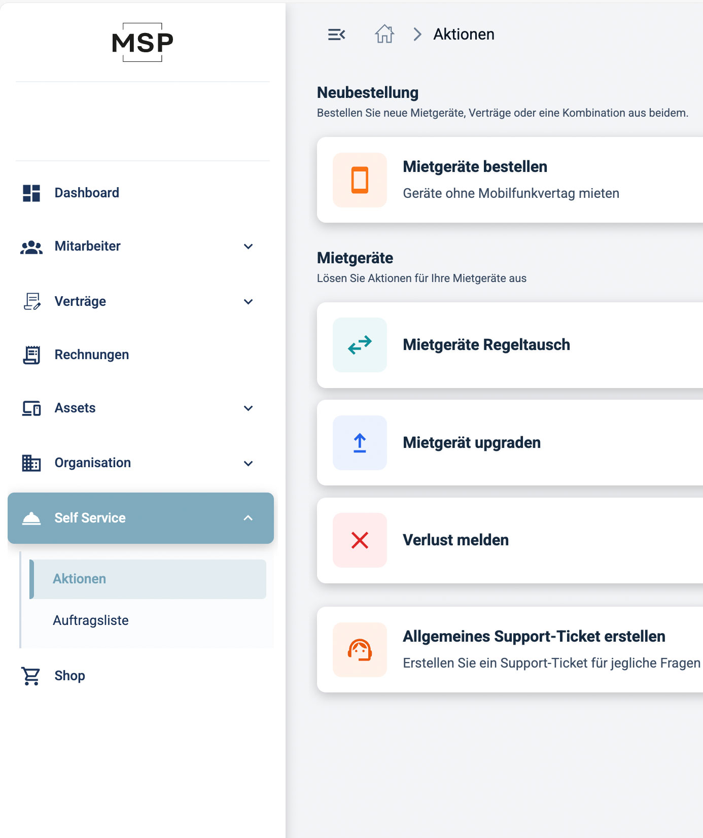 Der Self-Service Bereich in derNavigation des MOBEX Service Portals