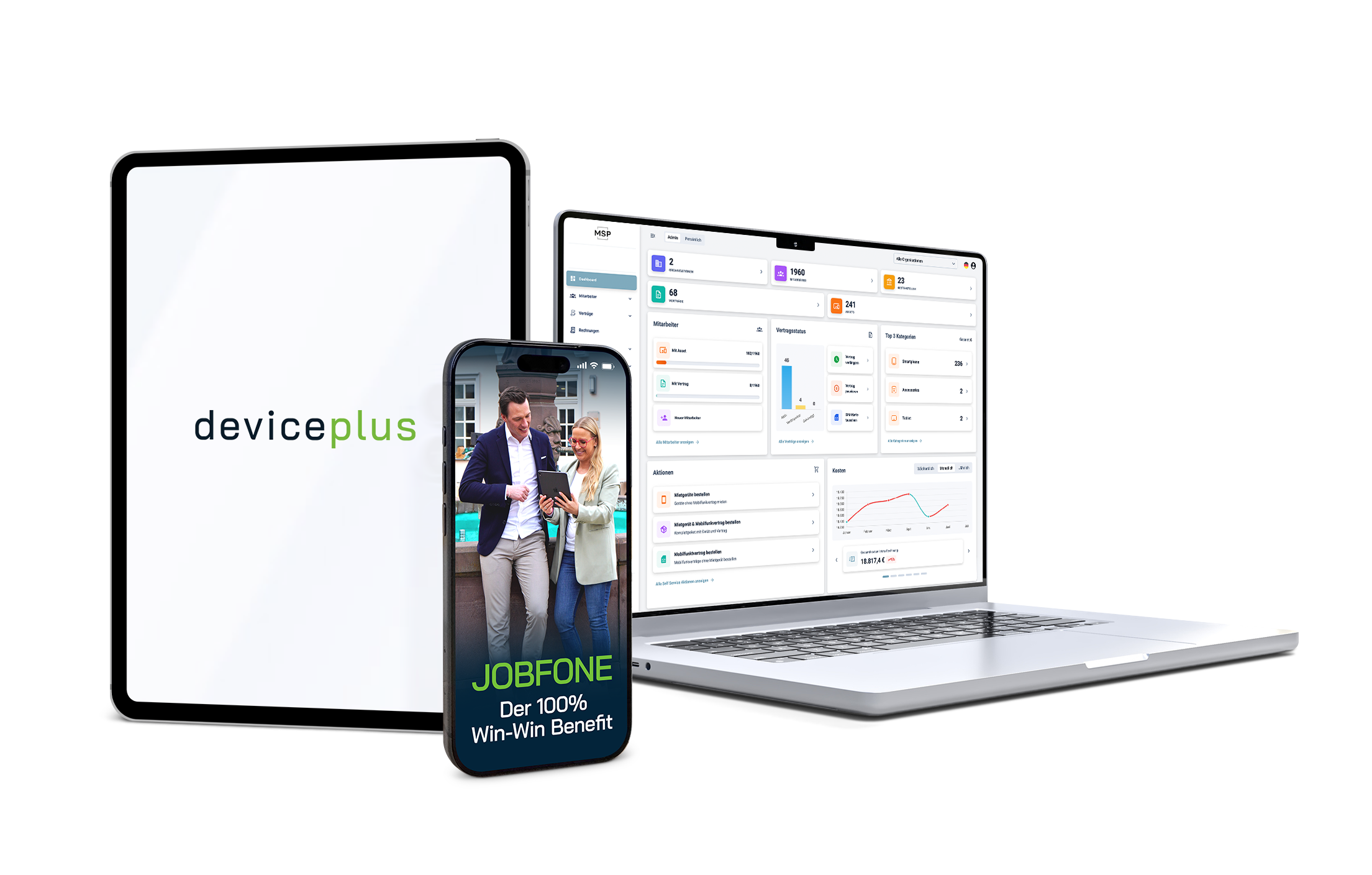 Moderne Devices die mit deviceplus gemietet werden können. Zu sehen sind ein Smartphone, ein Tablet und ein Laptop.