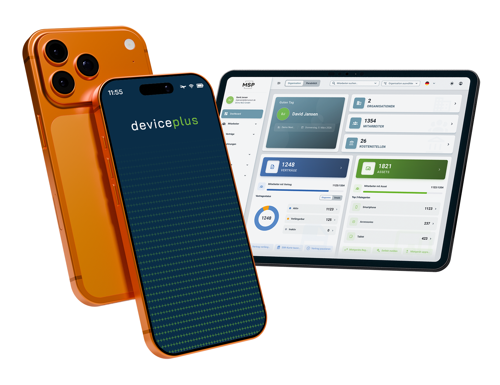 Moderne Devices die mit deviceplus gemietet werden können. Zu sehen sind ein Smartphone, ein Tablet und ein Laptop.