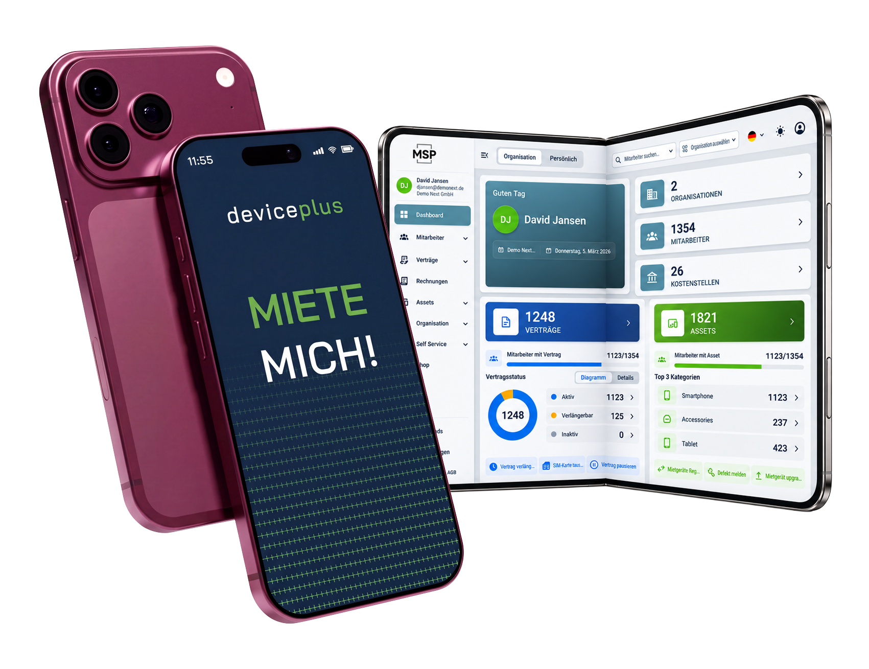 Moderne Devices die mit deviceplus gemietet werden können. Zu sehen sind ein Smartphone, ein Tablet und ein Laptop.
