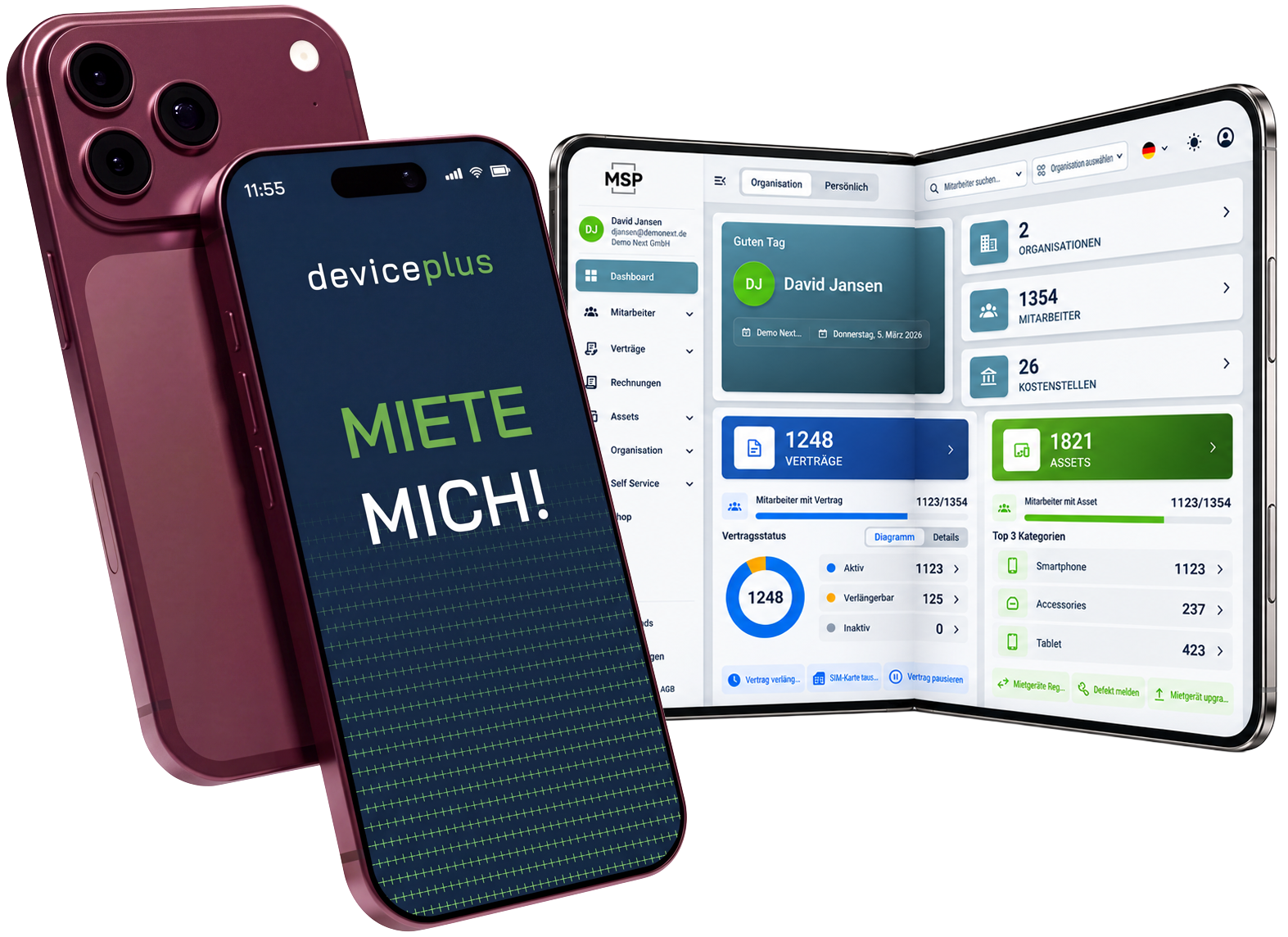 Moderne Devices die mit deviceplus gemietet werden können. Zu sehen sind ein Smartphone, ein Tablet und ein Laptop.