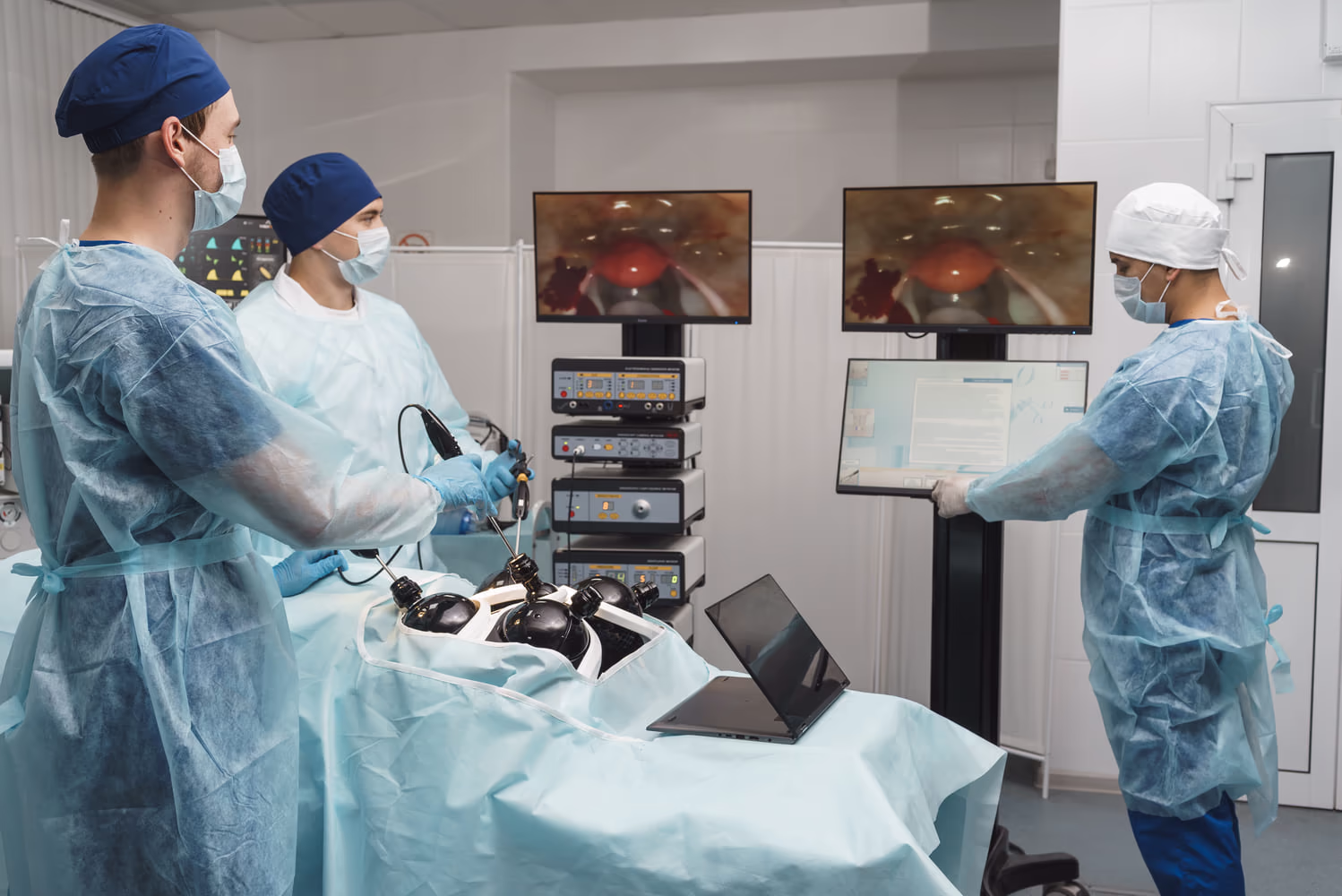 The training process on a laparoscopic simulator.