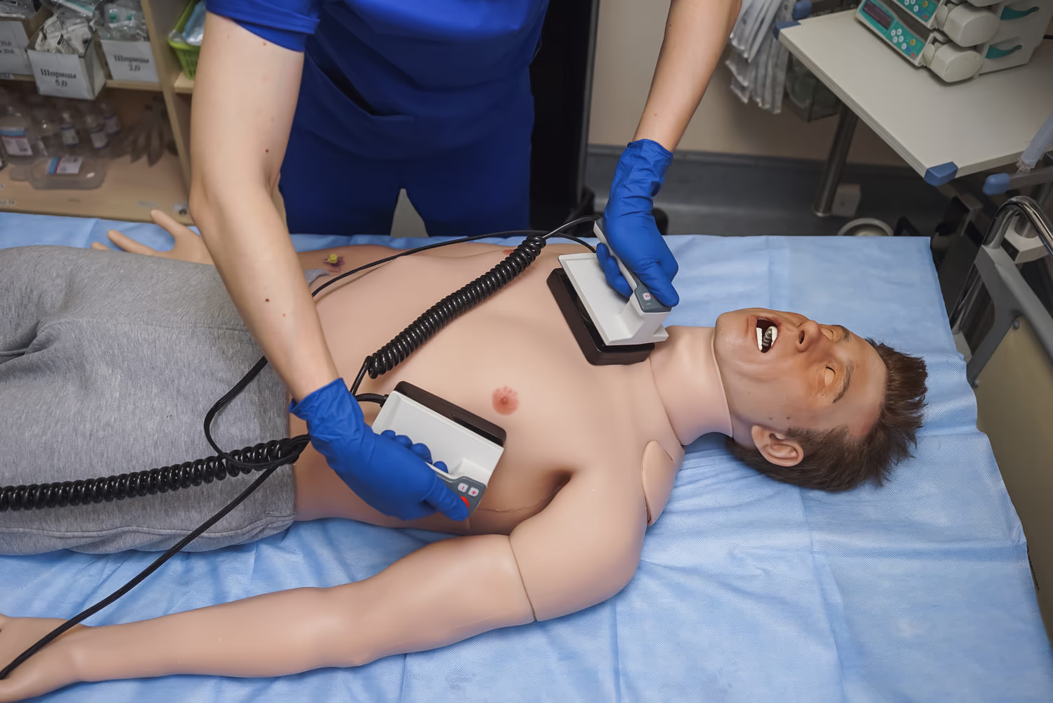 Practicing emergency care skills.
