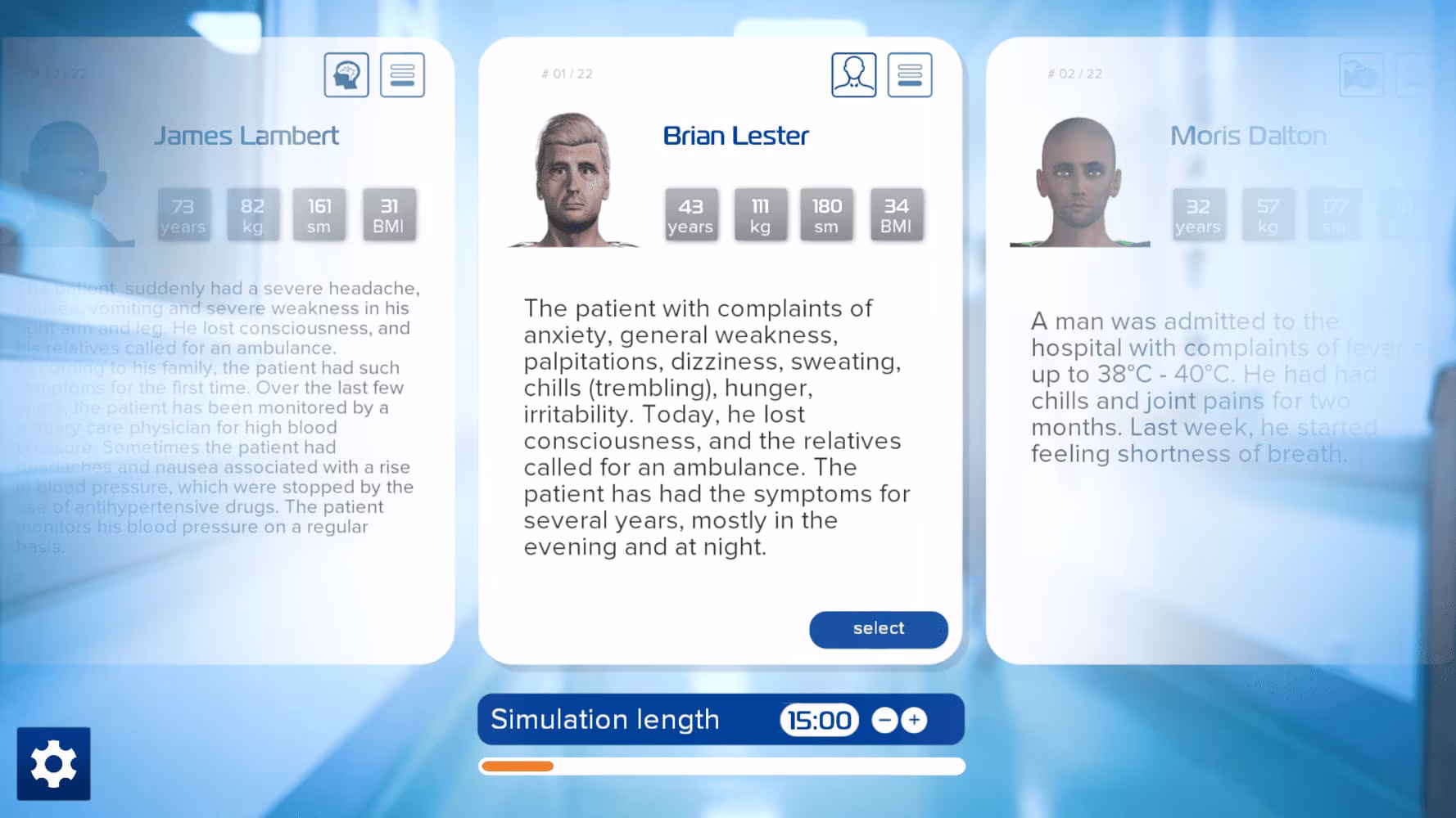 Selection of a training scenario on the Leonardo VR simulator.