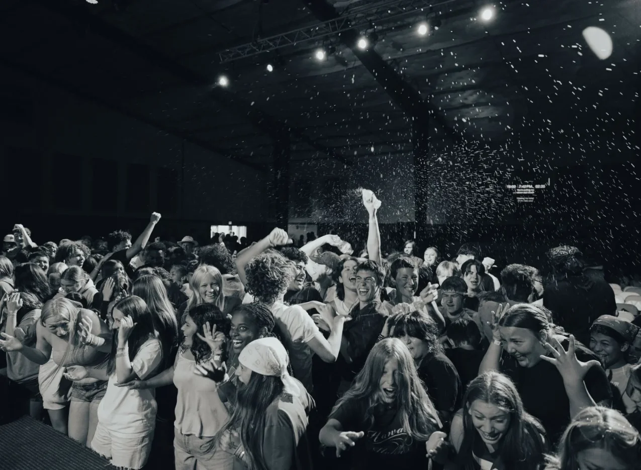 Excited crowd cheering at concert with falling confetti