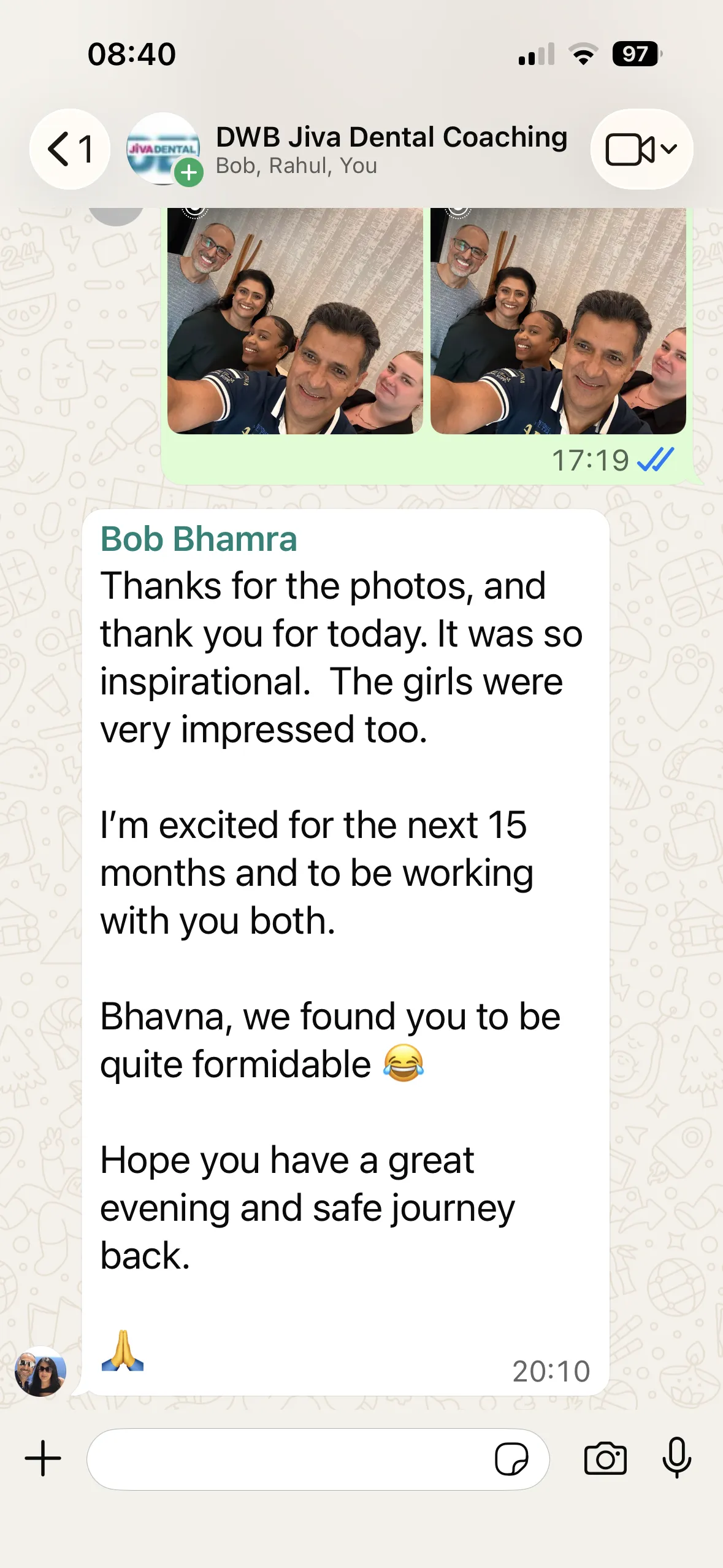 WhatsApp message from a coaching client thanking the team and looking forward to working together for 15 months