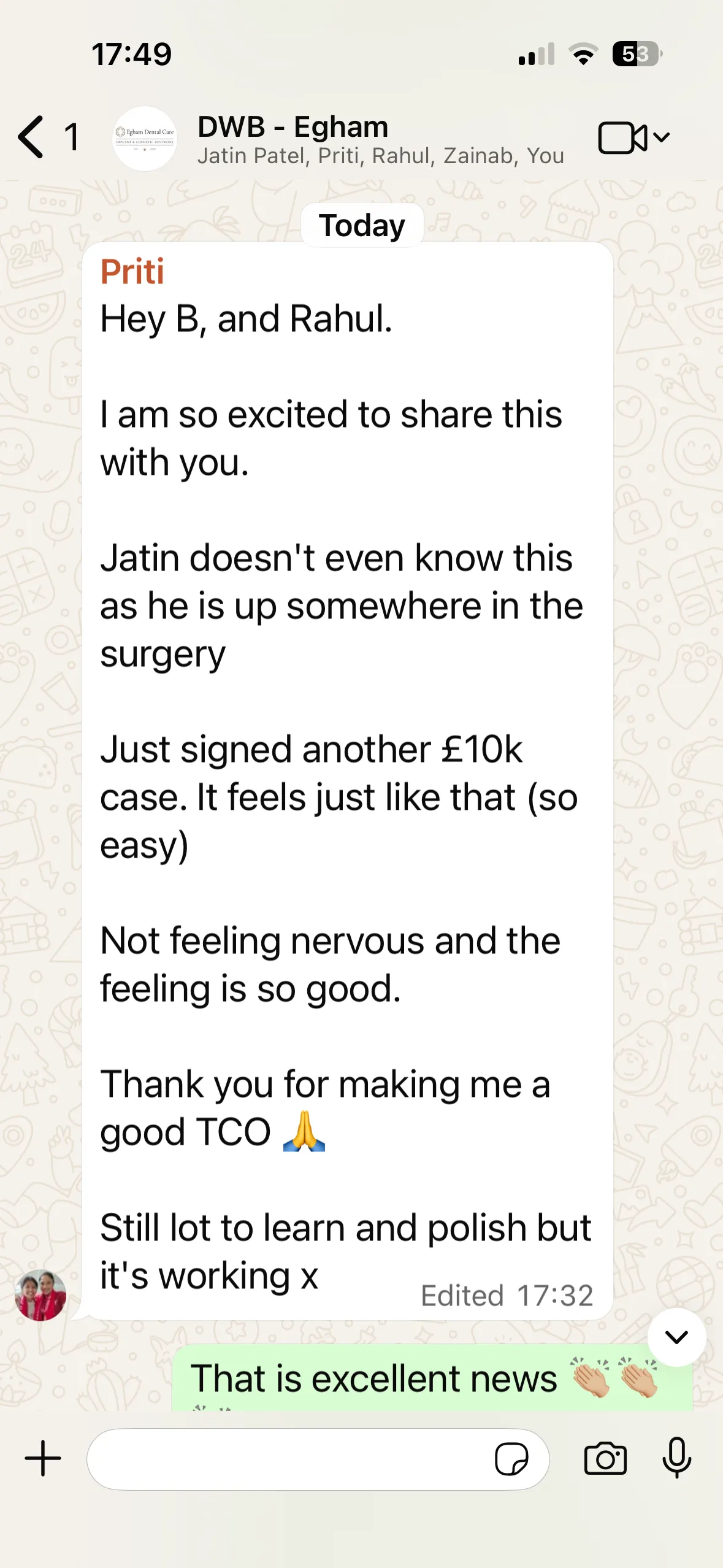 WhatsApp message from a treatment coordinator who has just signed a £10k case and thanks the coaches