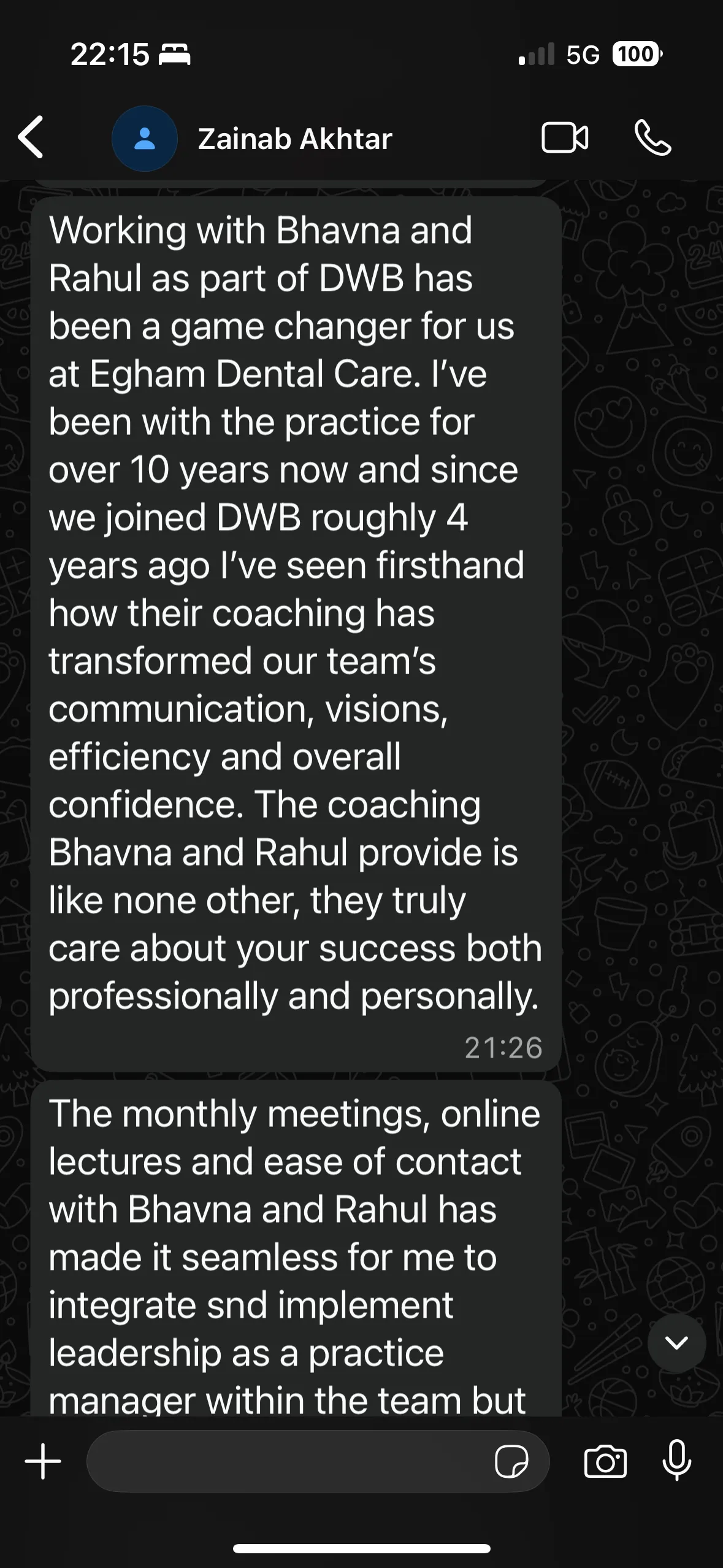 Message from a practice manager saying DWB coaching transformed their dental team's communication and confidence