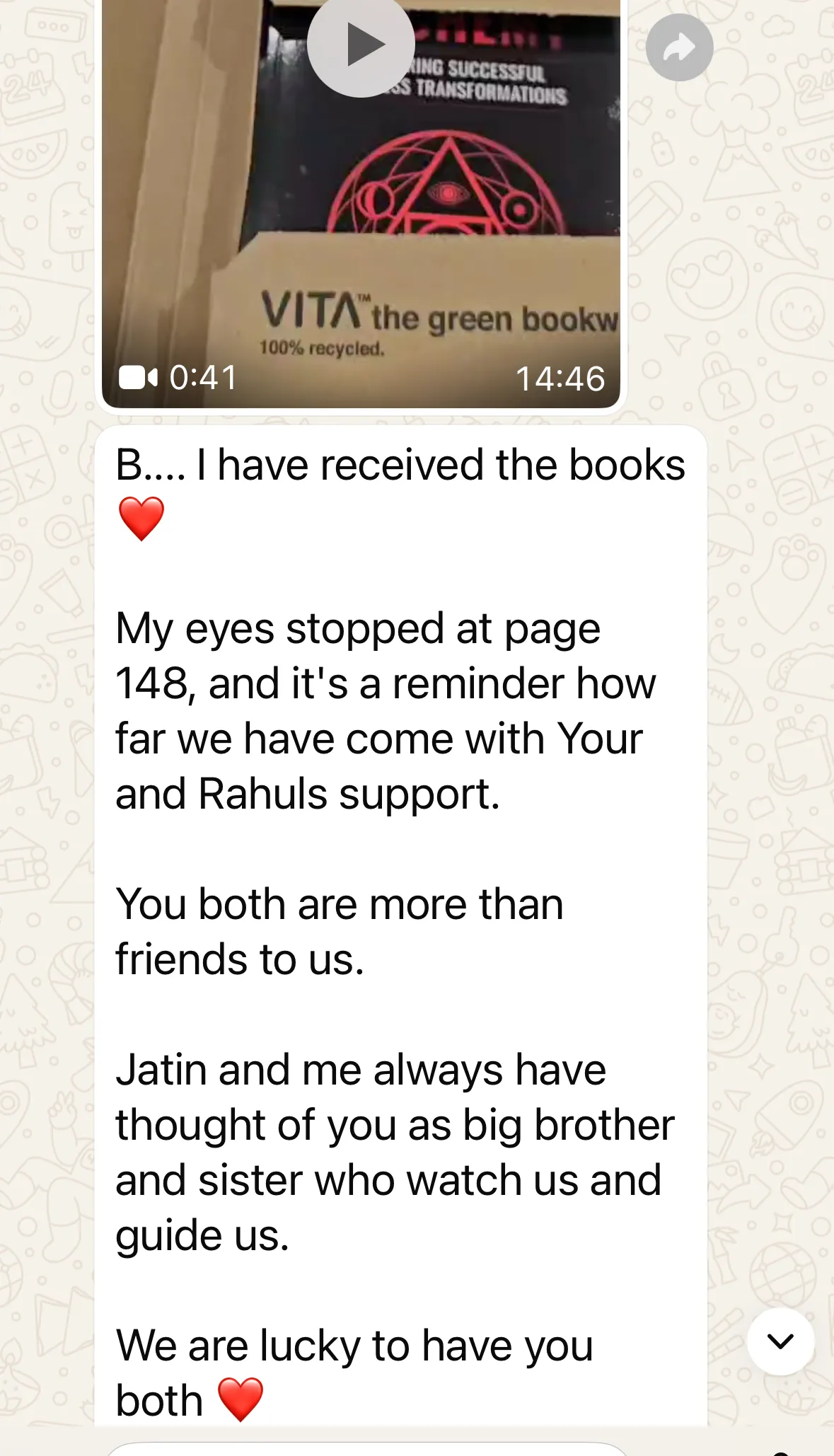 WhatsApp message from clients who received their books, describing the coaches as guides like a big brother and sister