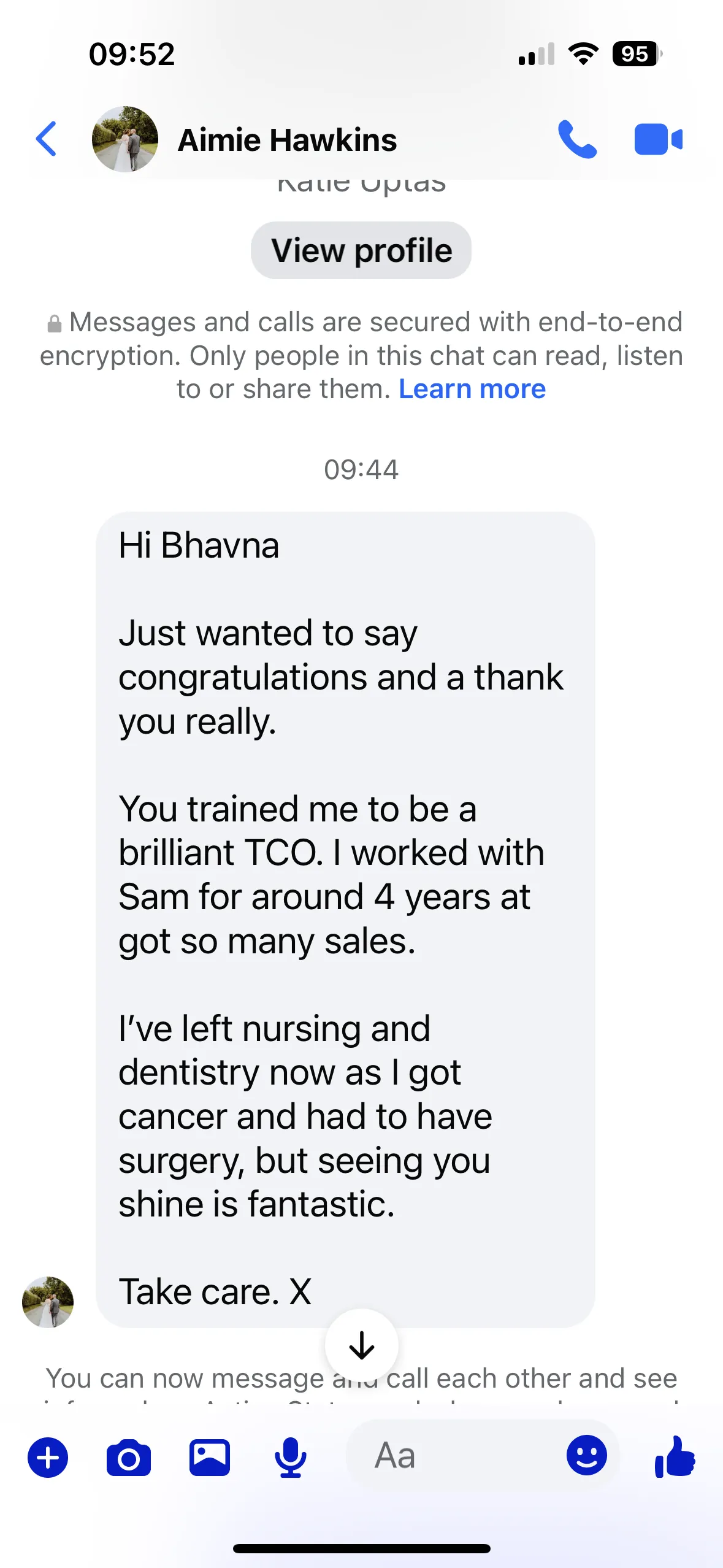 Messenger message from a former trainee thanking Bhavna for training her to be a brilliant treatment coordinator