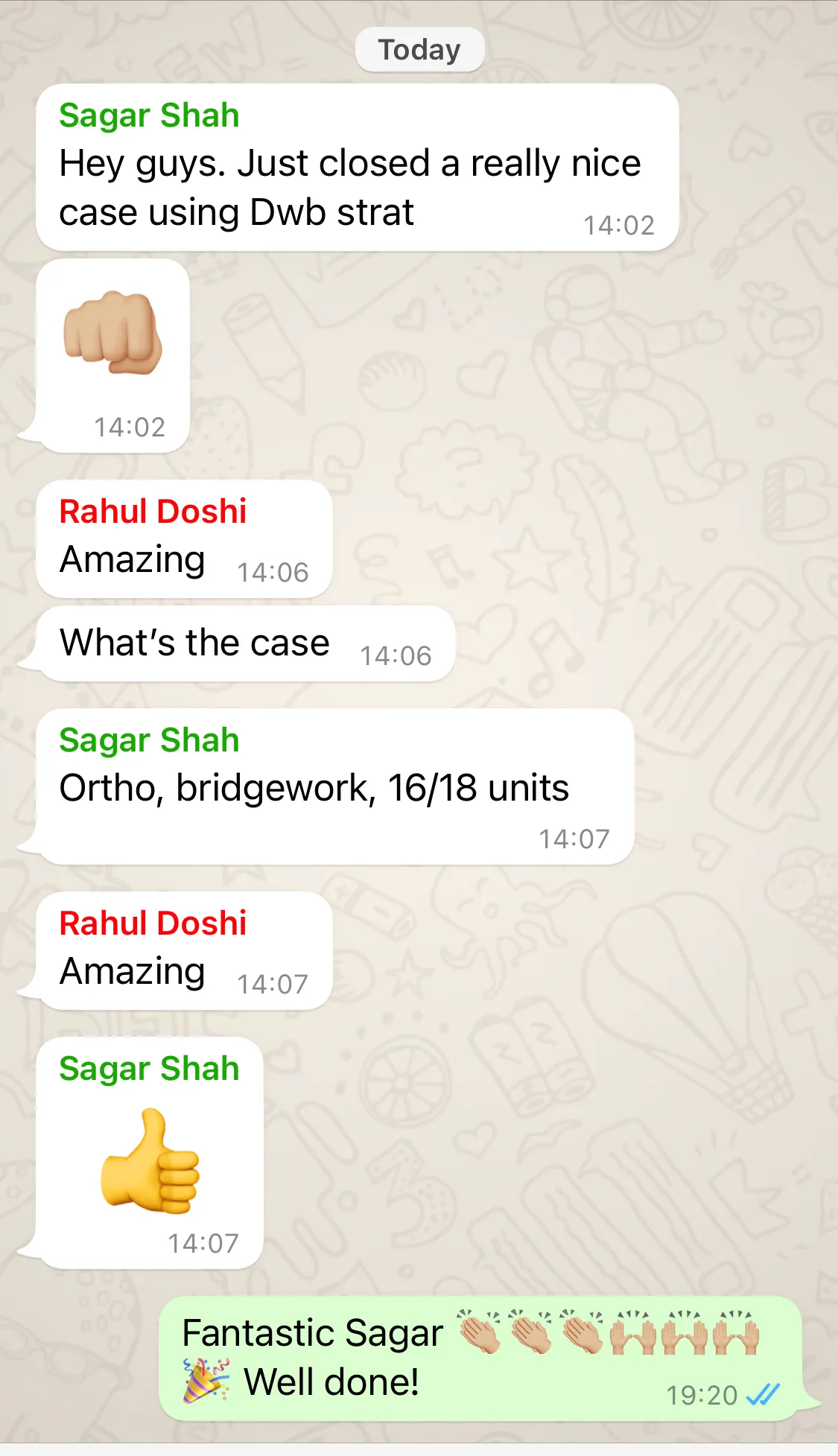 WhatsApp chat where a dentist reports closing a 16 to 18 unit ortho and bridgework case using the DWB strategy