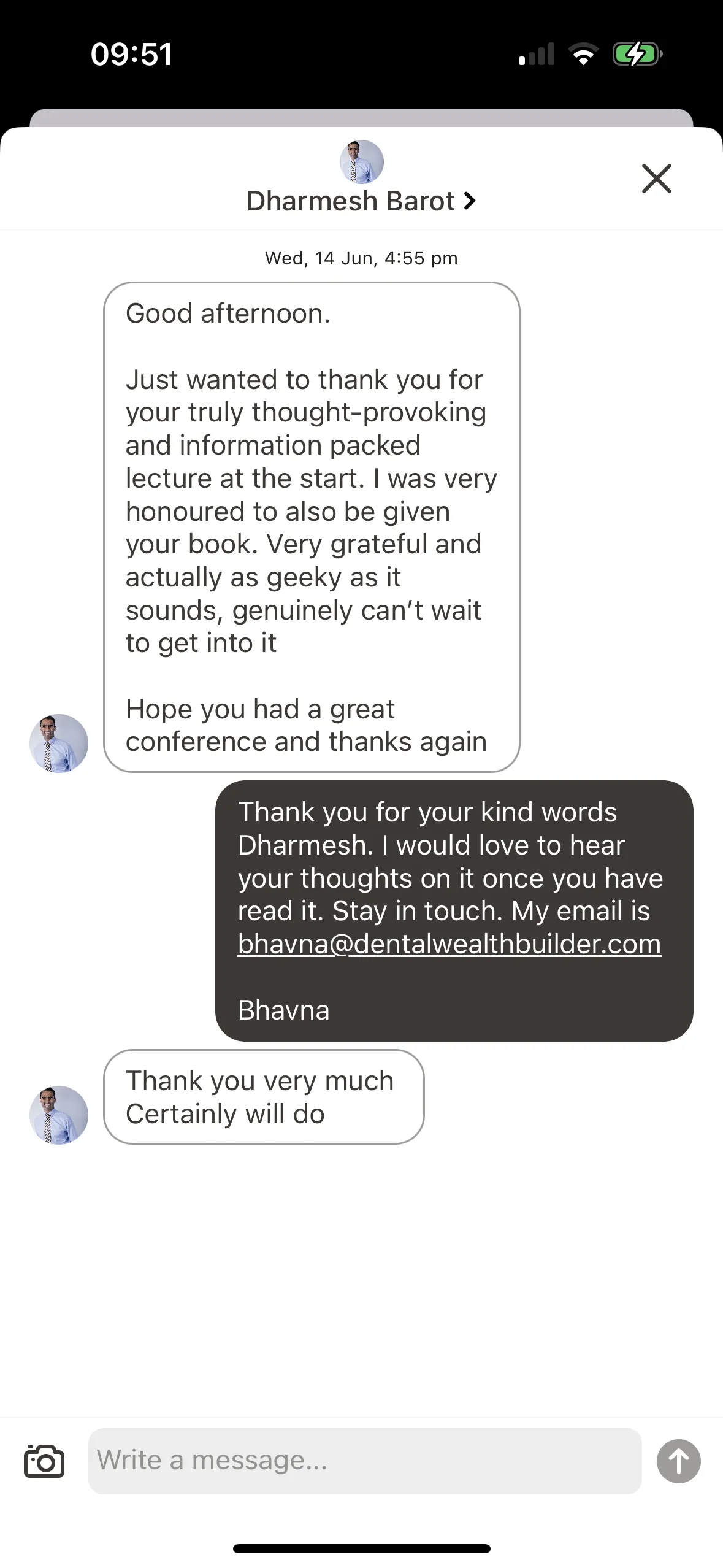 Message from a dentist thanking Bhavna for a thought-provoking conference lecture and a copy of her book
