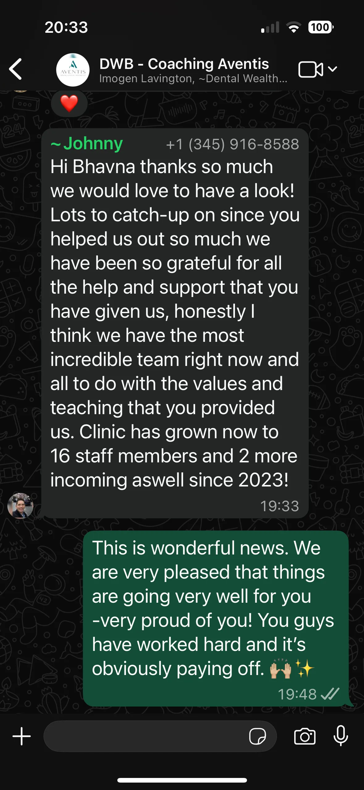 WhatsApp message from a client whose clinic has grown to 16 staff since 2023, crediting DWB values and teaching