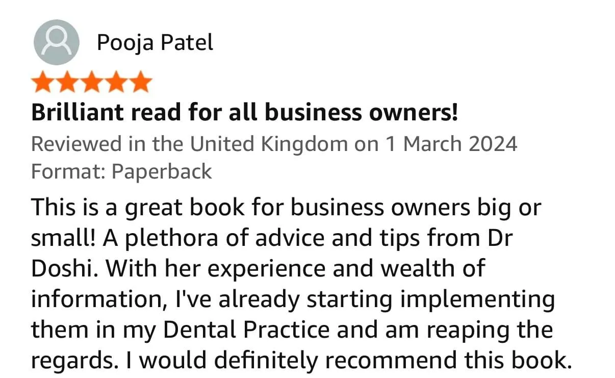 Five-star book review titled Brilliant read for all business owners, recommending Dr Doshi's advice and tips