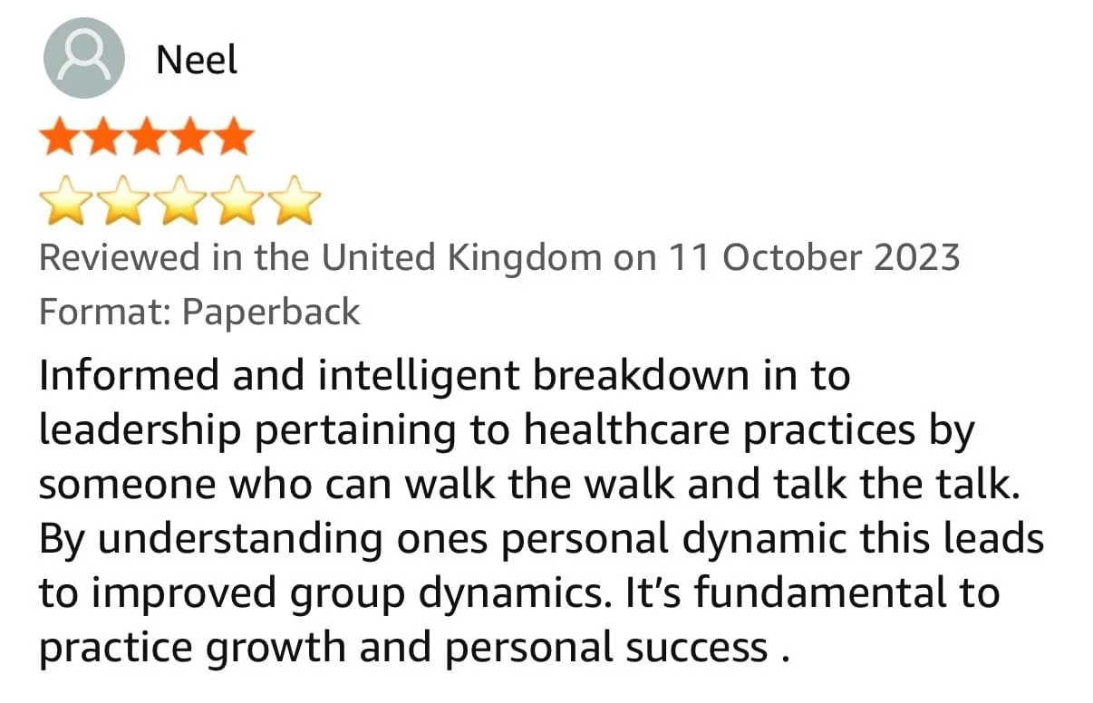 Five-star book review praising an informed breakdown of leadership in healthcare practices