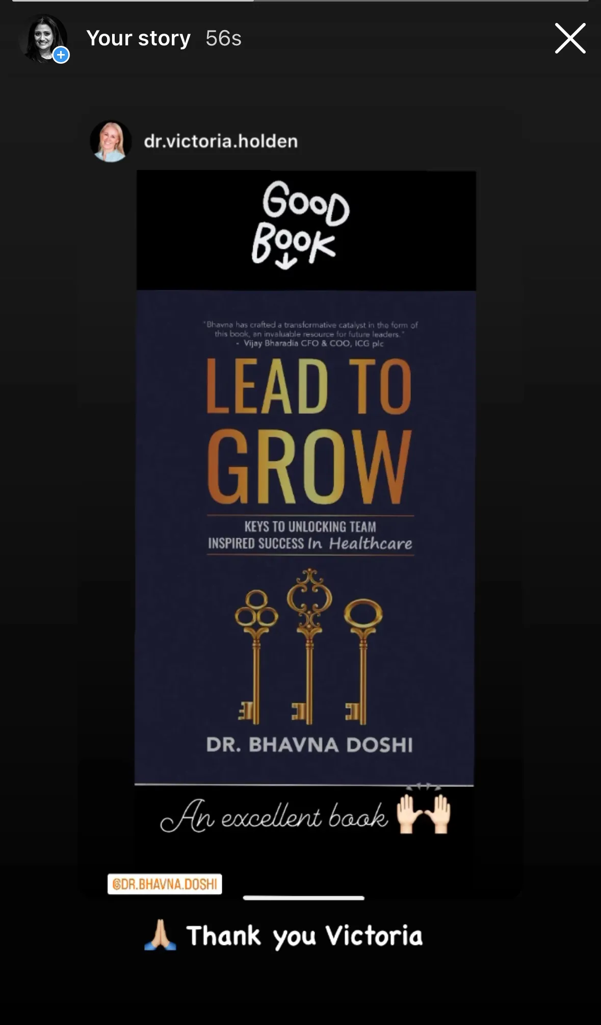 Instagram story sharing the book Lead to Grow by Dr Bhavna Doshi, captioned An excellent book
