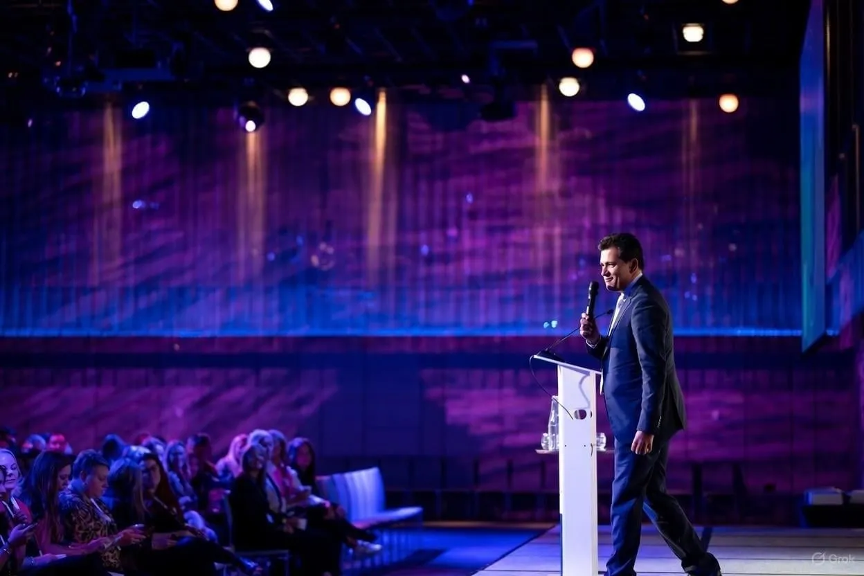 Speaker with a microphone walking across a purple-lit stage in front of a seated audience