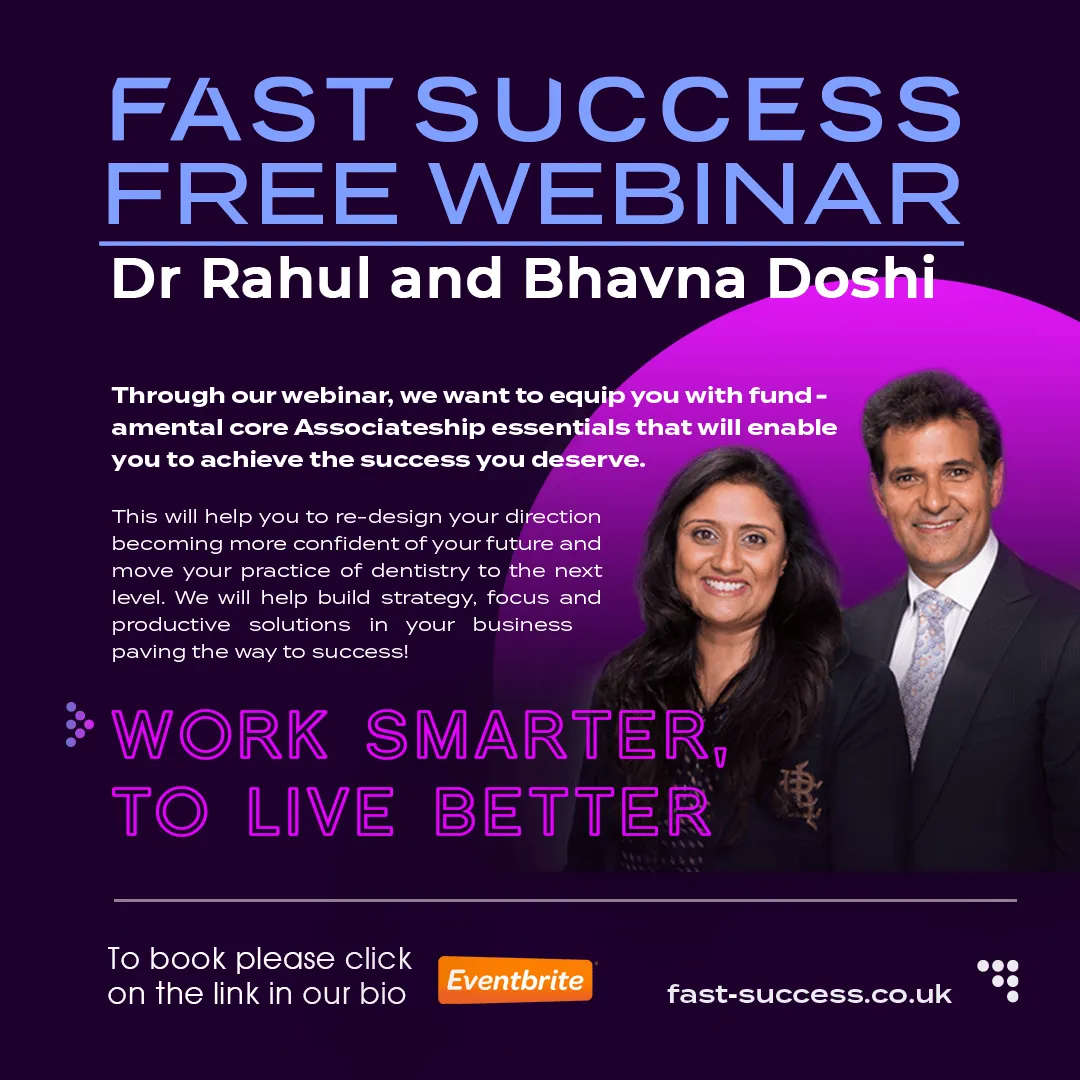 Fast Success free webinar poster with Dr Rahul and Bhavna Doshi: Work smarter, to live better