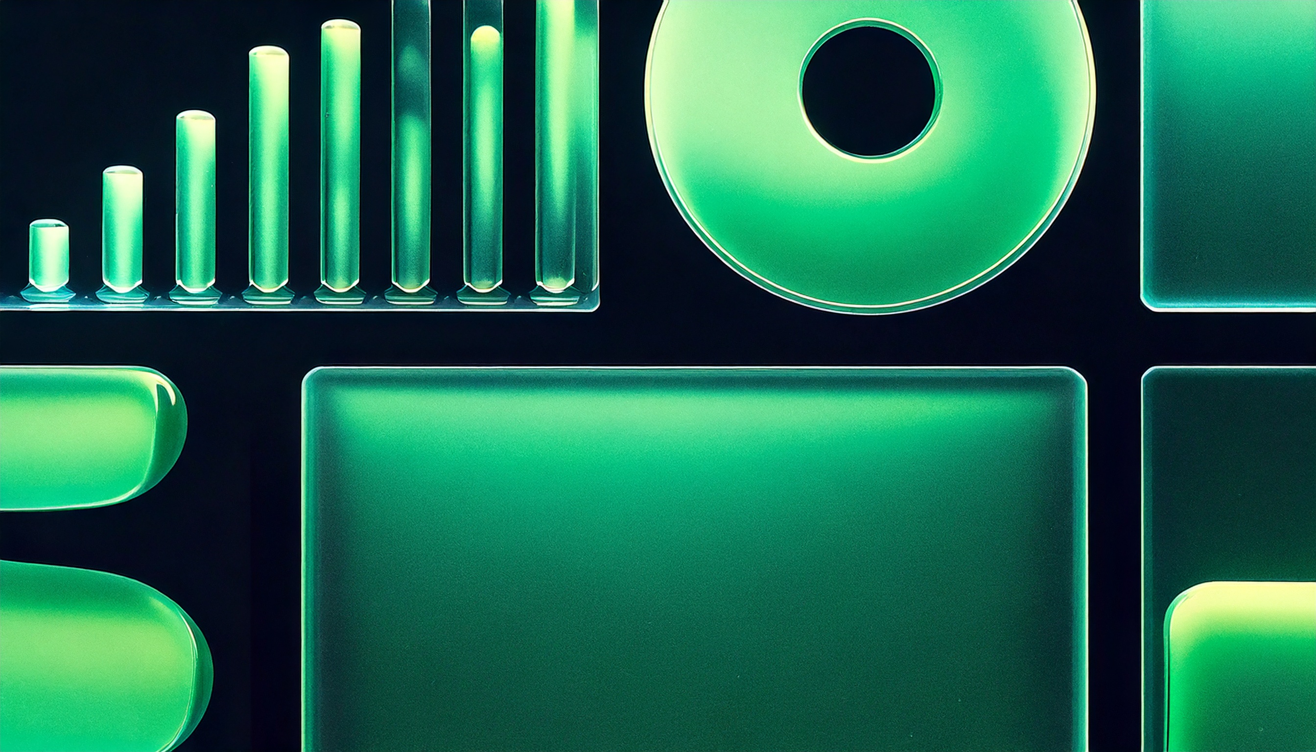 Abstract translucent glass forms arranged like a bar chart in green