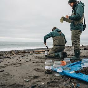 Researchers on a beach collecting samples.