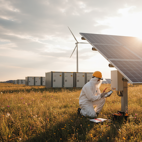 A solar panel technician inspects a panel located in a field.