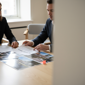 A paid of individuals working together in a boardroom