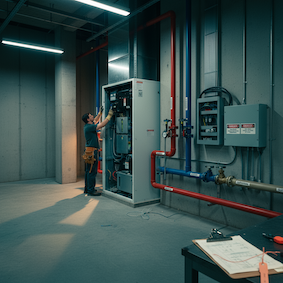 A mechanical worker, fixing the belly of a building, representing the less-seen parts of the Built Environment.