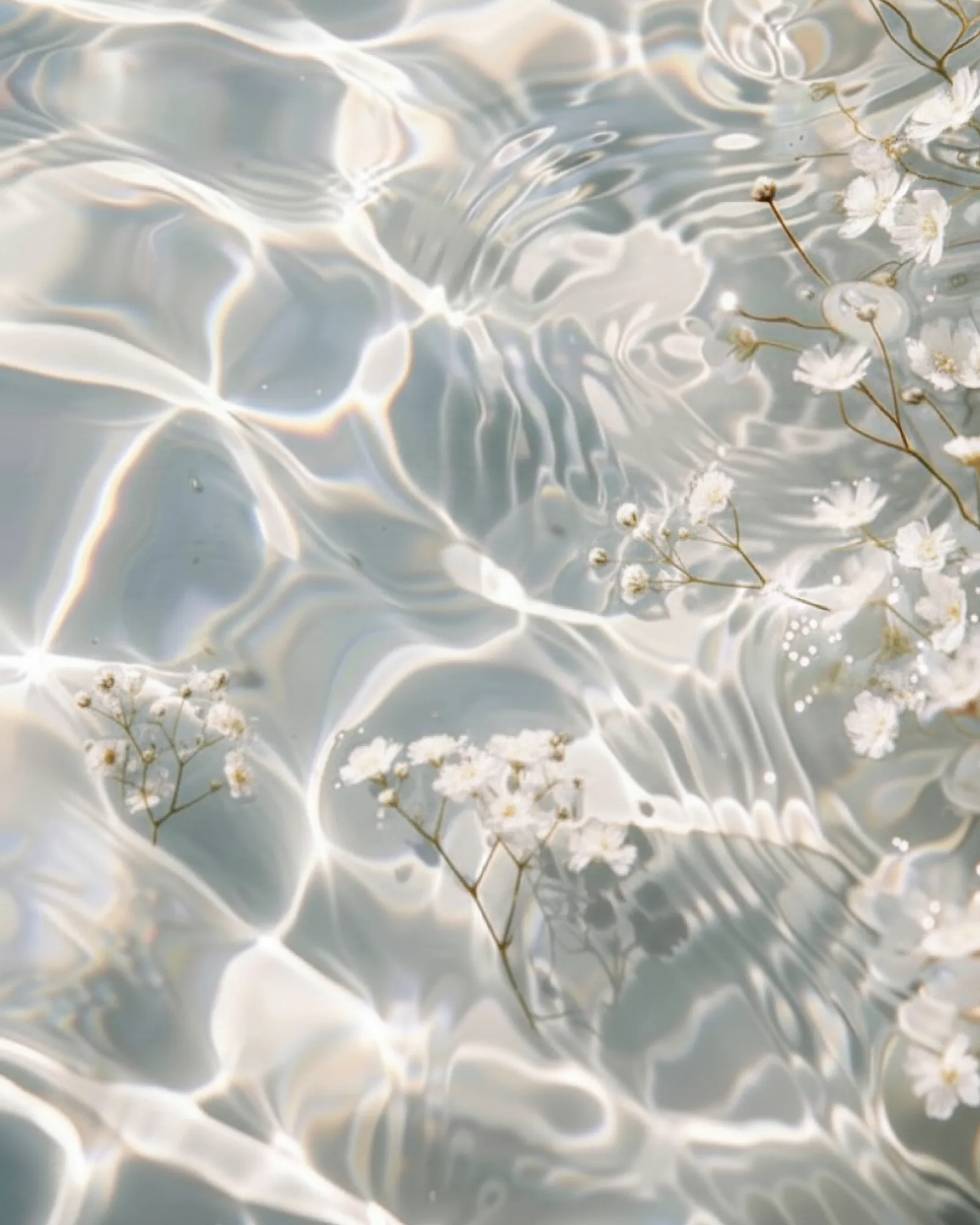 Delicate white flowers floating on softly rippling water reflecting light patterns.