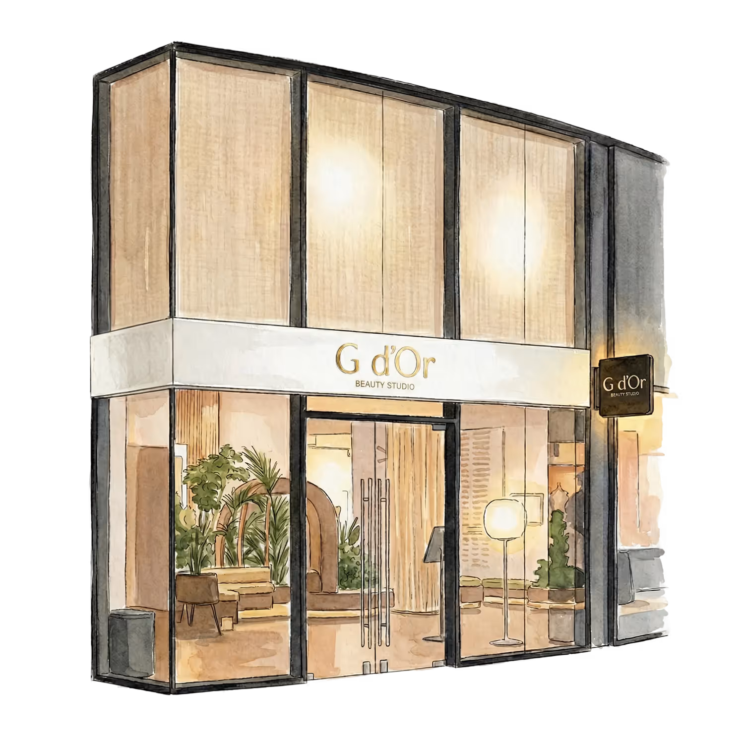 Exterior of G d'Or Beauty Studio with large windows revealing indoor plants and modern seating