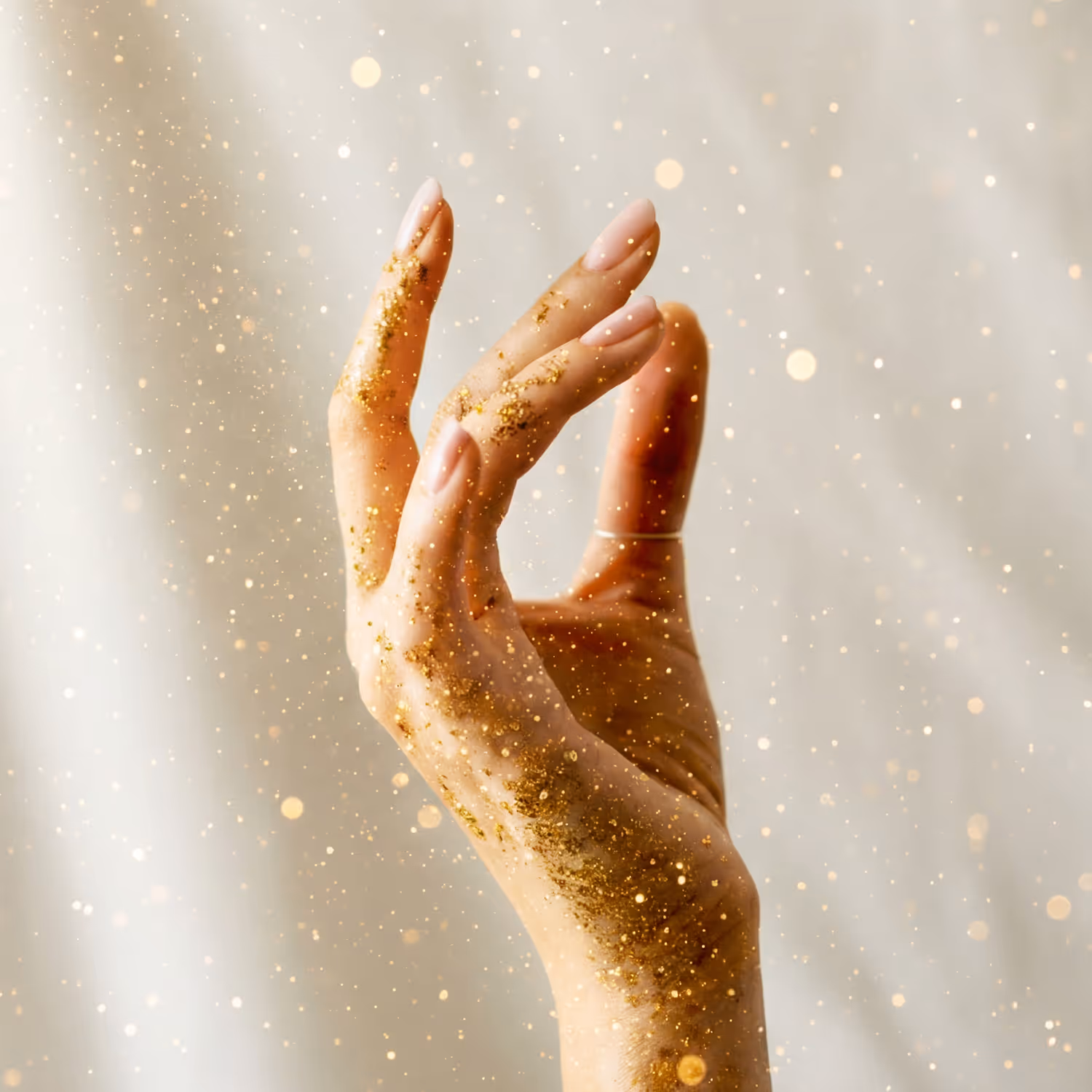 Close-up of a hand with pink nails covered in golden glitter against a soft light background.