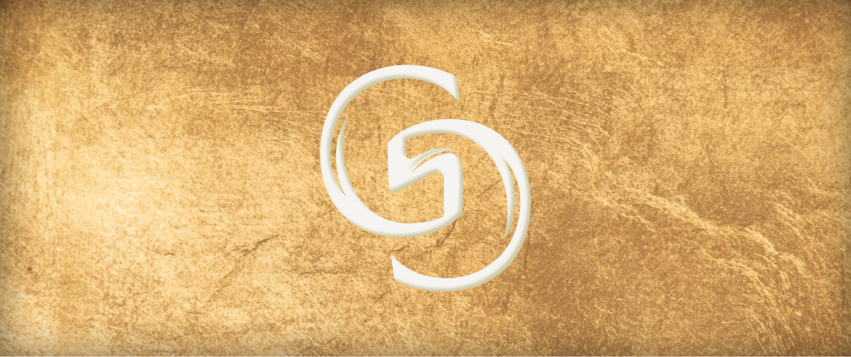White intertwined abstract swirl logo on textured brown parchment background.