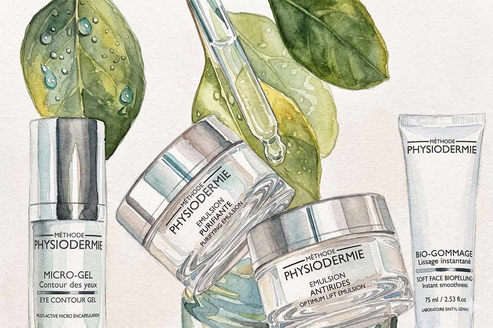 Watercolor illustration of skincare products from Méthode Physiodermie with green leaves and water droplets.