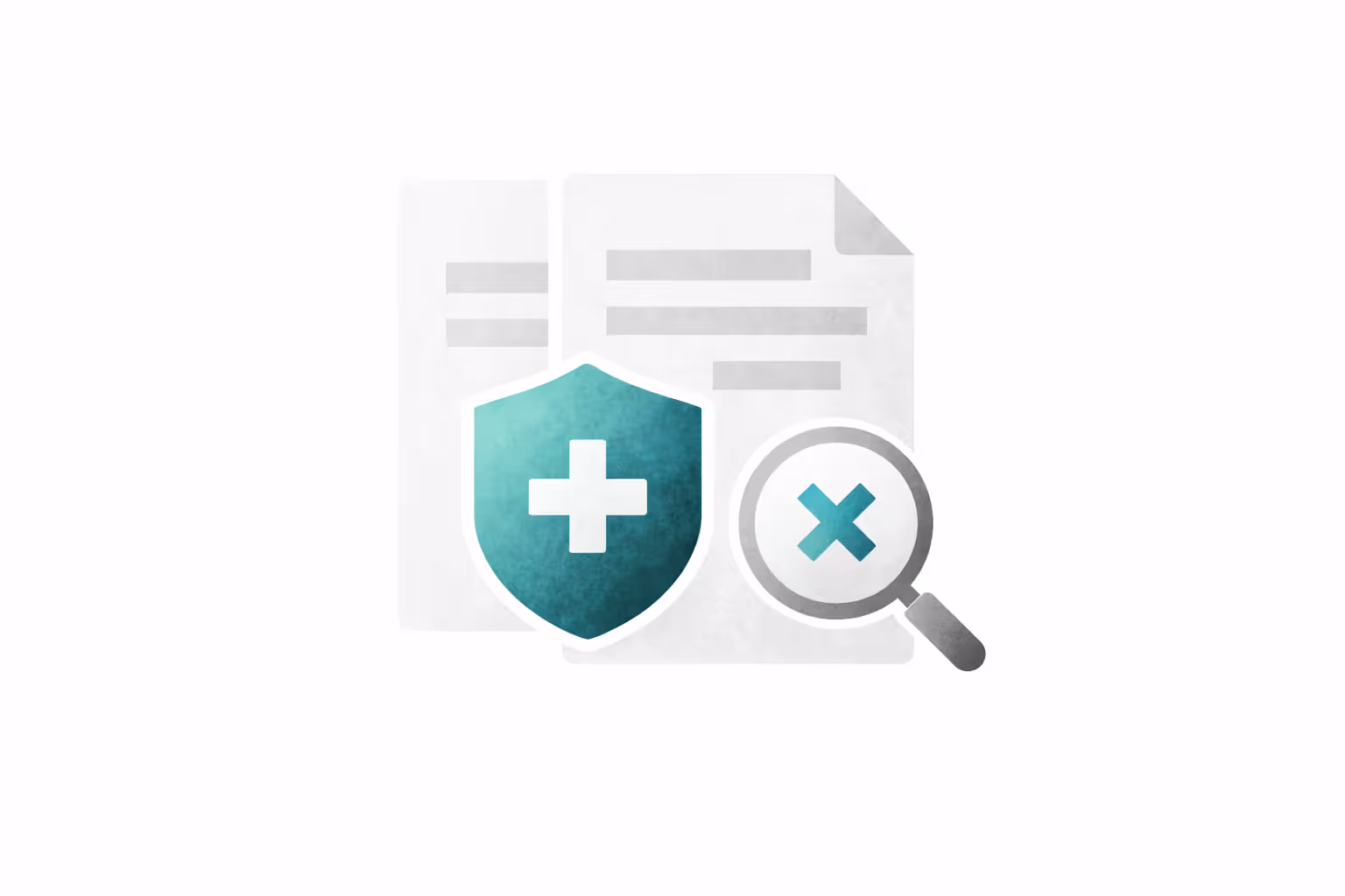Two overlapping documents with a shield showing a plus sign and a magnifying glass highlighting an X symbol.