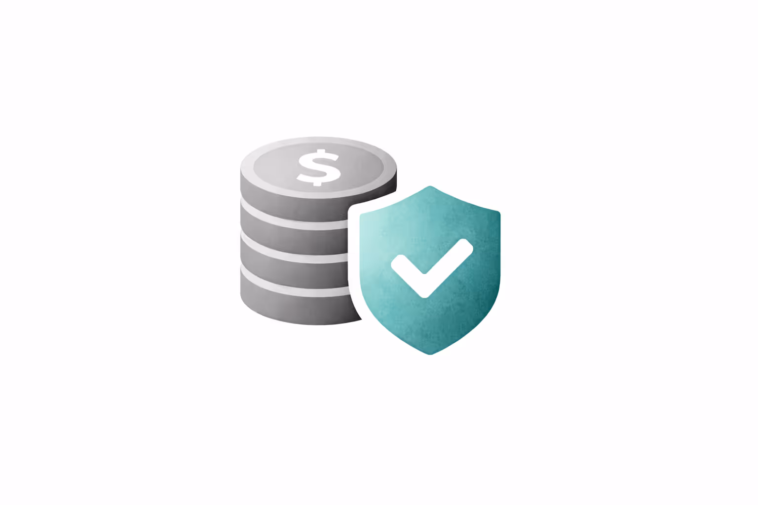 Stack of coins with a dollar symbol next to a shield with a checkmark representing financial security.