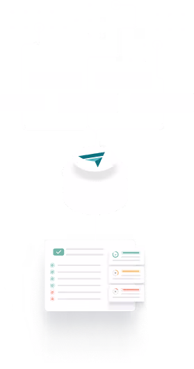 Flowchart showing connections between various interface elements funneling into a paper airplane icon above a checklist with task completion status.