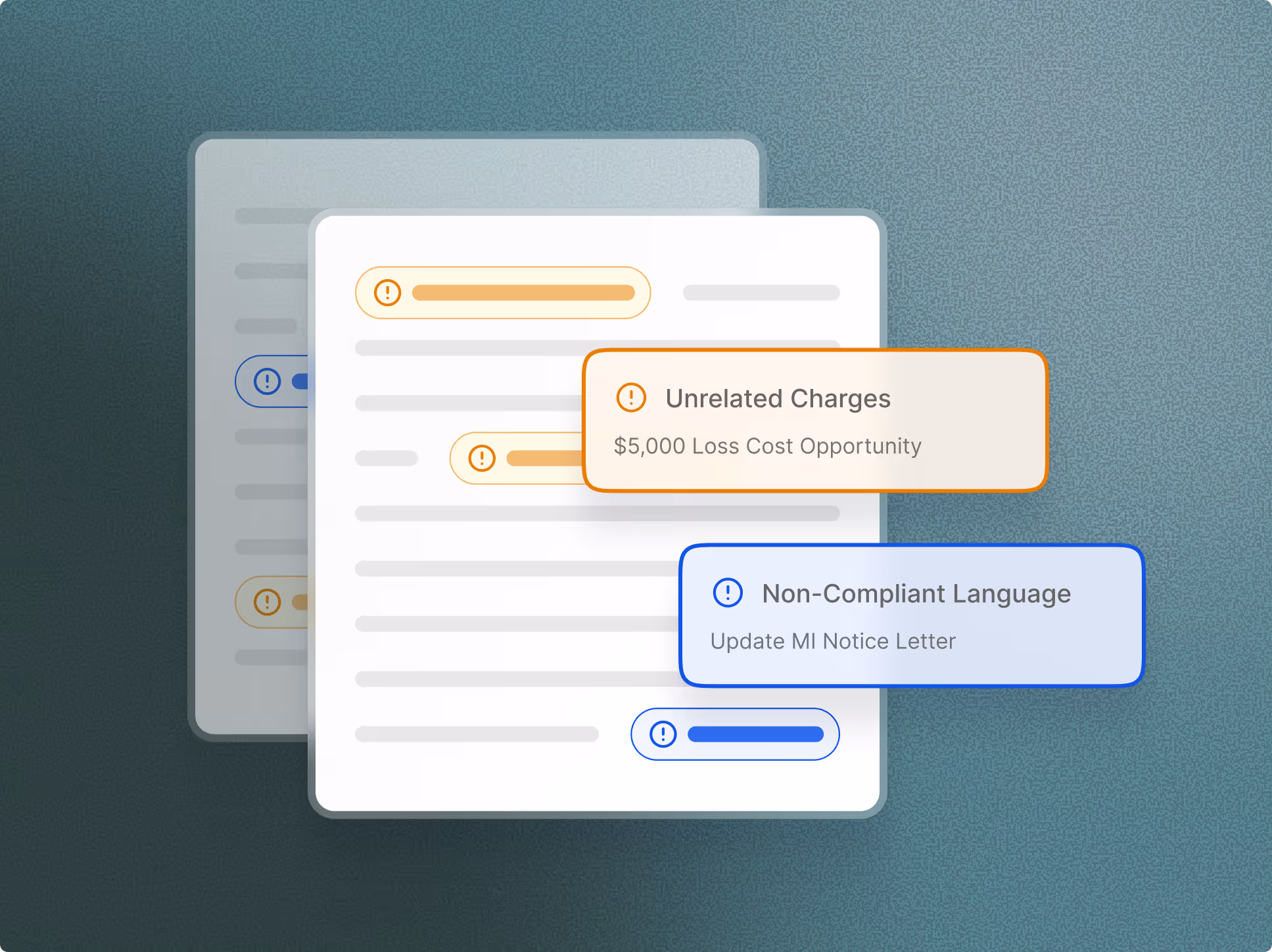 Two overlapping document cards with alert icons highlighting 'Unrelated Charges' $5,000 loss cost opportunity and 'Non-Compliant Language' to update MI notice letter.