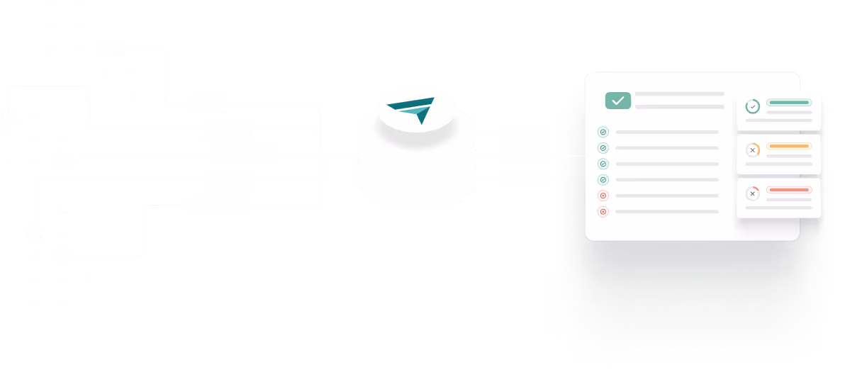 Flowchart showing data sources such as tables, Excel, and XML files feeding into a central system that outputs a checklist with status indicators.