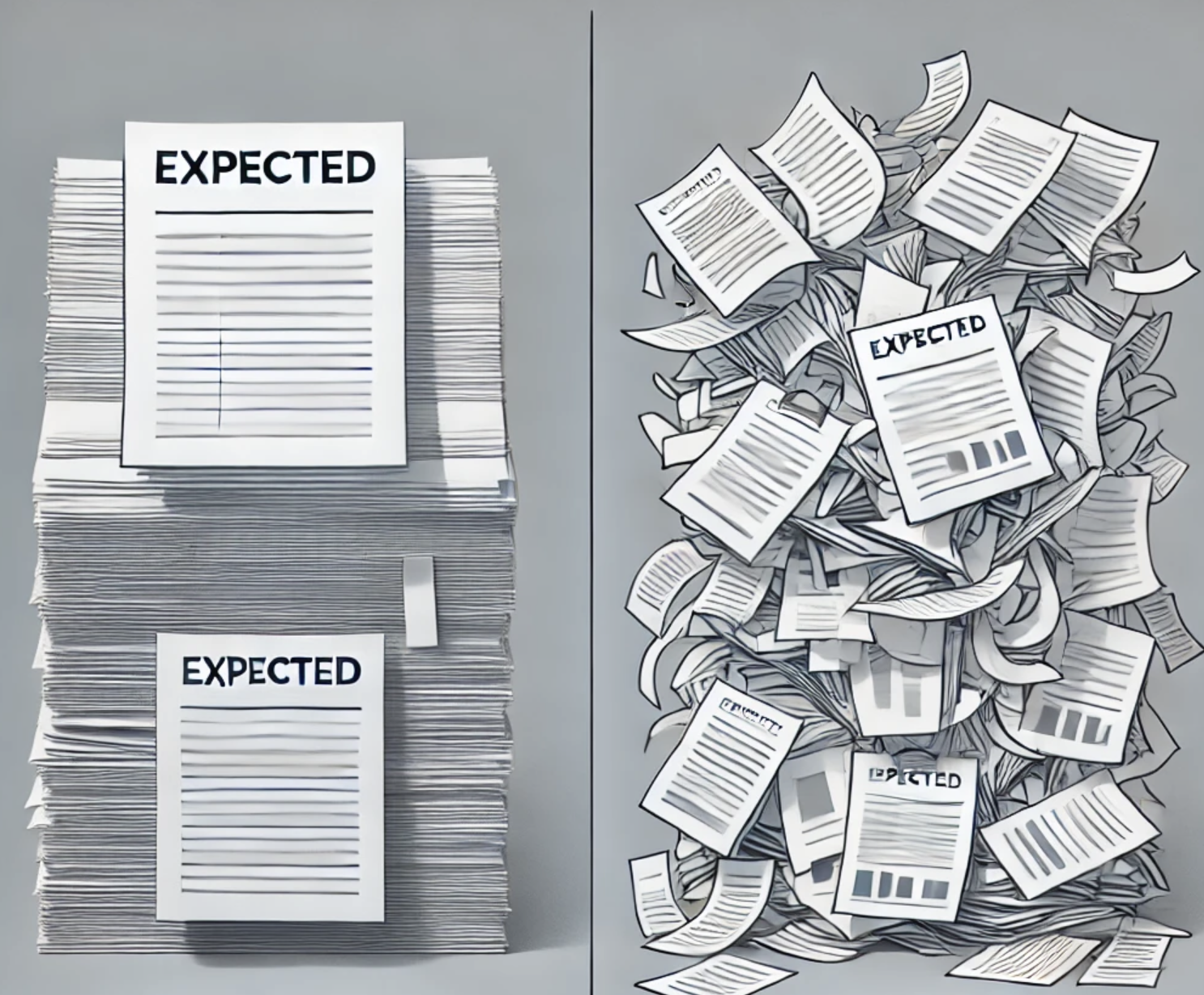 Stacks labeled EXPECTED sit beside chaotic papers