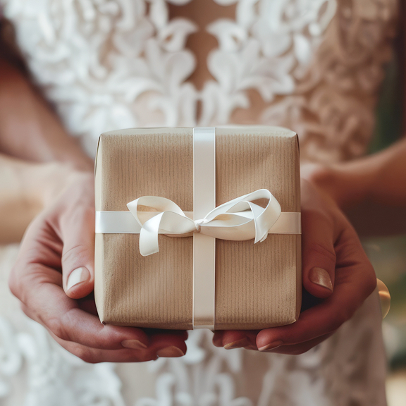 Hands holding a neatly wrapped gift box with brown paper and a white ribbon bow, with a blurred floral lace dress background.