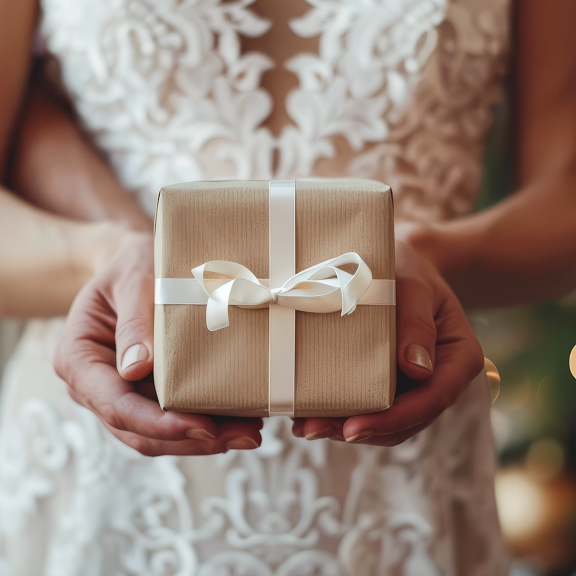 Bride in lace dress holding a small gift wrapped in brown paper with a white ribbon bow.