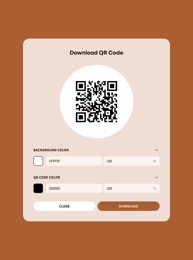 Interface for downloading a QR code with options to set background and QR code colors, featuring Close and Download buttons.