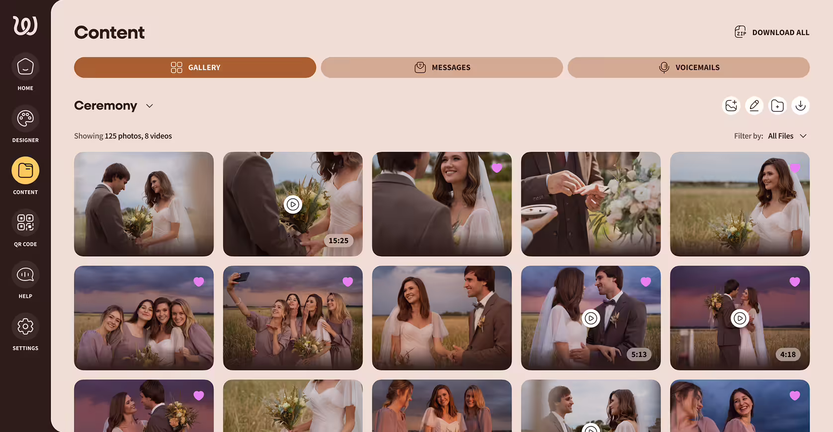 Digital photo gallery interface showing wedding ceremony photos and videos with thumbnails of bride, groom, and guests.