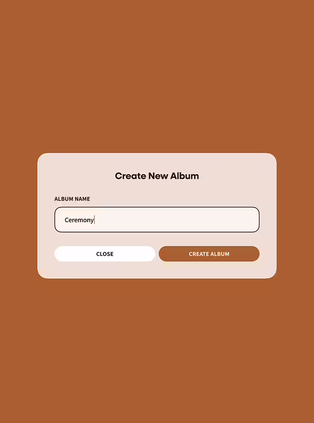 User interface for creating a new album with the album name 'Ceremony' typed in, featuring 'Close' and 'Create Album' buttons.