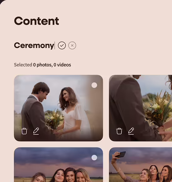 Interface showing content selection for 'Ceremony' with thumbnails of wedding and group photos, and icons to delete or edit each image.