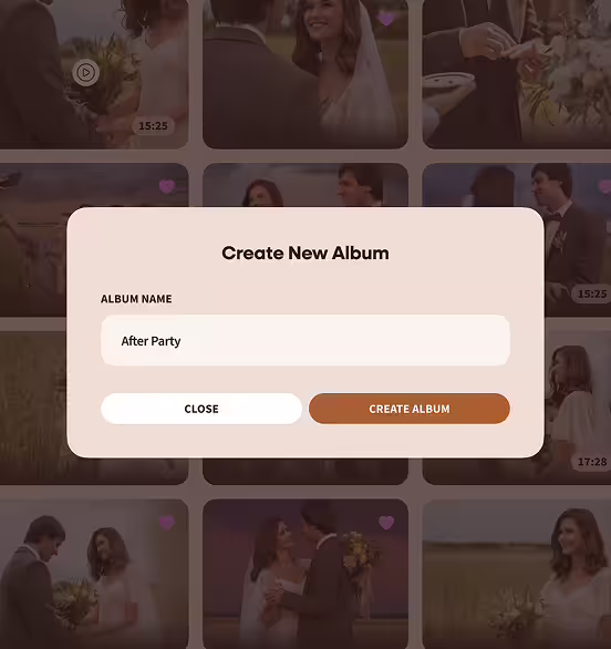 Dialog box on a photo gallery screen prompting to create a new album named 'After Party' with options to close or create album.