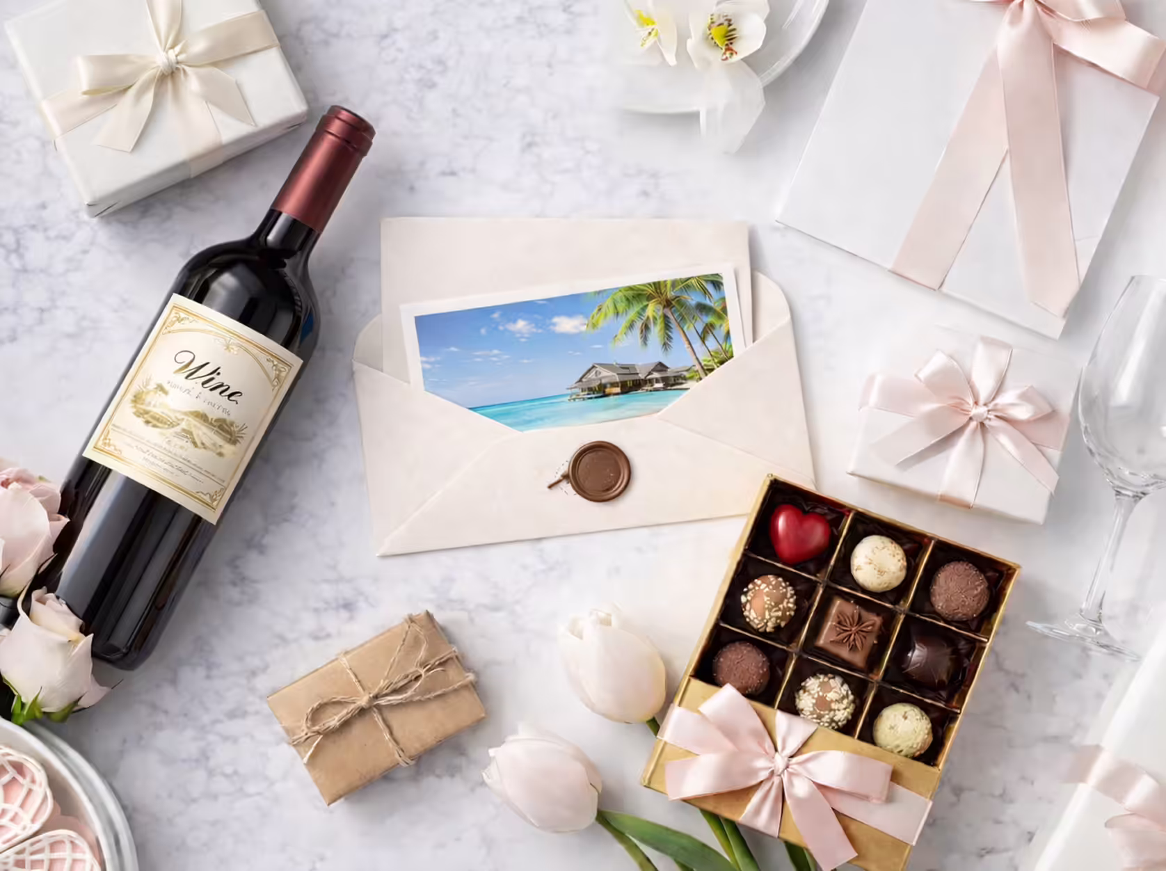 Flat lay of wine bottle, envelope with tropical postcard, chocolates, wrapped gifts, white tulips, and wine glass on marble surface.